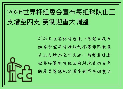 2026世界杯组委会宣布每组球队由三支增至四支 赛制迎重大调整