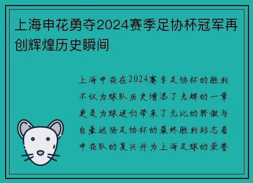 上海申花勇夺2024赛季足协杯冠军再创辉煌历史瞬间 上海申花勇夺2024赛季足协杯冠军再创辉煌历史瞬间