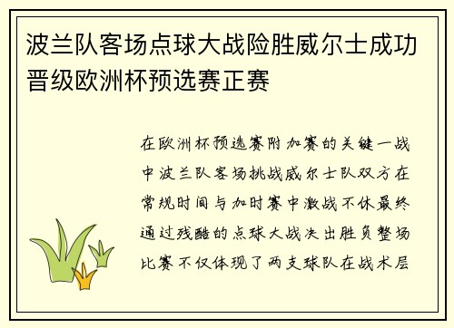 波兰队客场点球大战险胜威尔士成功晋级欧洲杯预选赛正赛 波兰队客场点球大战险胜威尔士成功晋级欧洲杯预选赛正赛